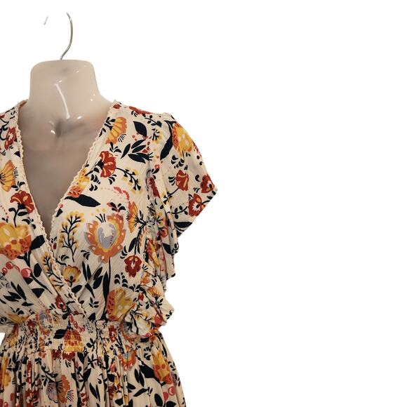 Angie Boho Floral Flutter Sleeve Smocked Faux Wrap Mini Dress Orange Medium - Picture 3 of 9